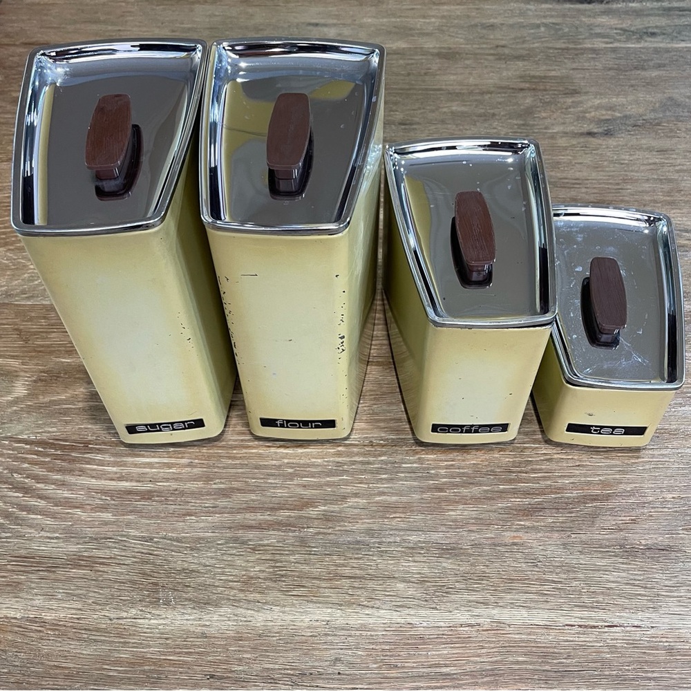 1950s Lincoln Beautyware steel 4 Pc Canister Set Wood Handles Mid Century